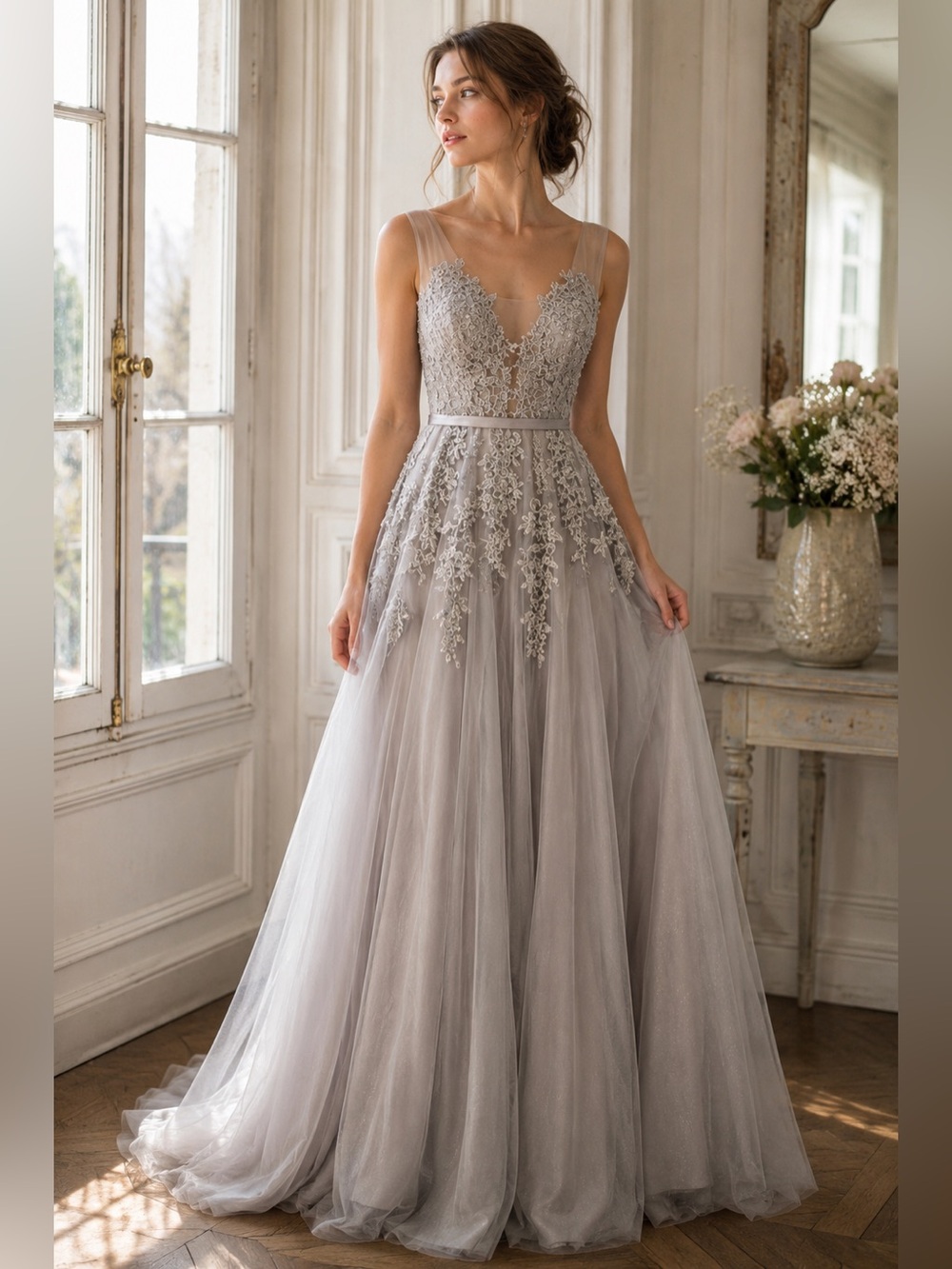 Ice Gray Beaded Lace Tulle Formal Gown Evening Bridesmaid Prom Bridesmaid Dress